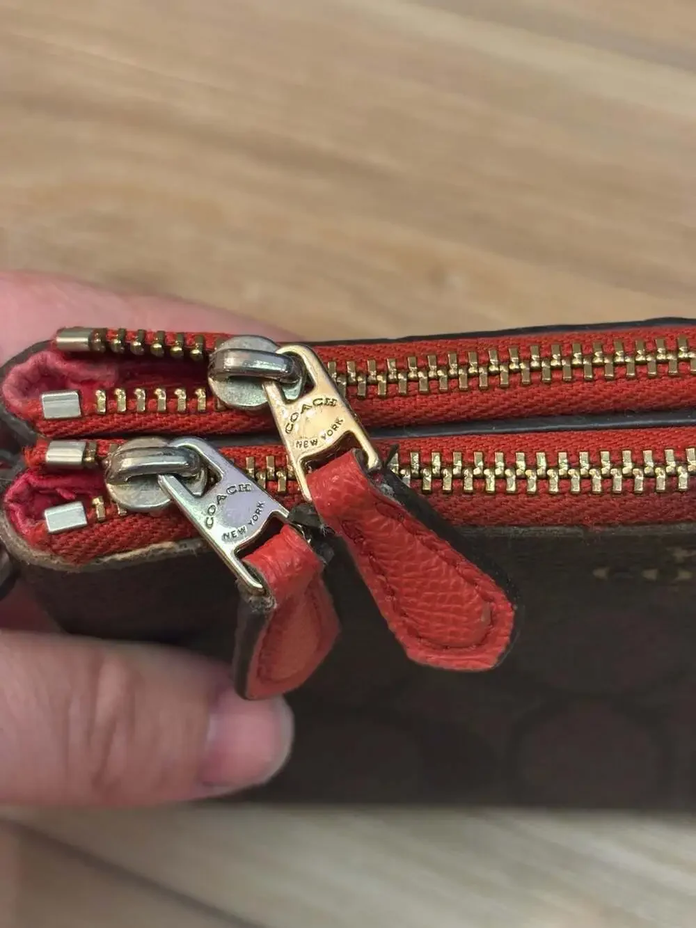 Coach Double Corner Zip Wristlet Wallet in Signature Canvas Brown and Red Trim